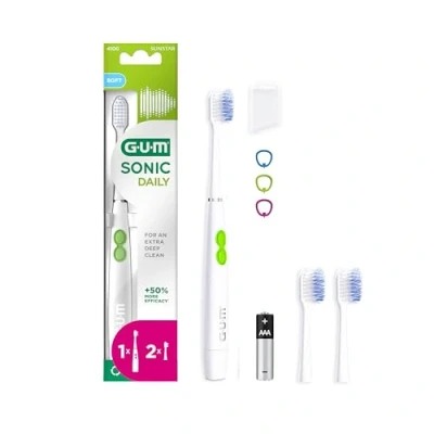 Image de GUM SONIC DAILY brosse à dents sonique électrique piles Pour un nettoyage en douceur et profondeur 1x dents, 2x têtes de rechange, pile AAA (Blanc)