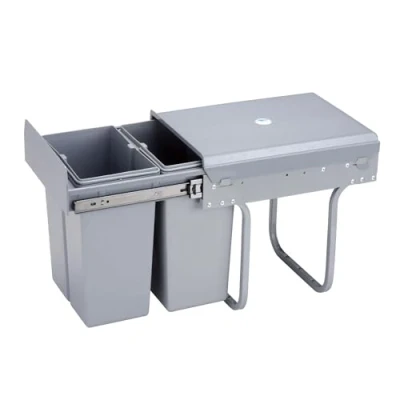 Image de Poubelle de recyclage pour meuble cuisine, poubelles sous évier 2 x 8 l, fixation inférieure et retrait manuel, bacs amovibles, avec couvercle