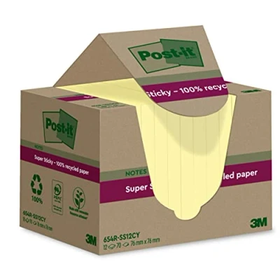 Image de Post it Super Sticky Notes entièrement recyclées, 12 Blocs, 70 Feuilles par Bloc, 76 mm x mm, Jaune Extra collantes Fabriquées à partir de Papier 100% Recyclé