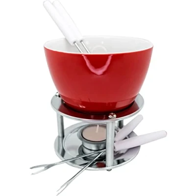 Image de NERTHUS FIH 022 Fondue Chocolat/Fromage Céramique avec Chandelle Incluse et 4 Brochettes, Base INOX, Couleur: Blanc Rouge