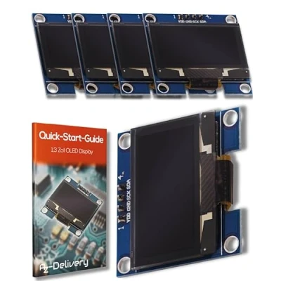 Image de AZDelivery 5 x Écran OLED I2C 128 64 Pixels, Caractères de Couleur Blanche, SSH1106 1,3 Pouces Compatible avec Arduino et Raspberry Pi incluant Un E Book!