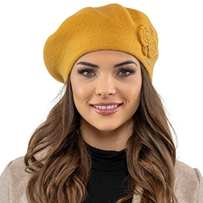 Image de VIVISENCE Femme Béret pour L&#039;automne Et l&#039;hiver Élégant Style Classique en Laine Chaude avec Décorations Délicates Taille Universelle Accessoire Hiver Polyvalent 7037, Miel,Taille Unique