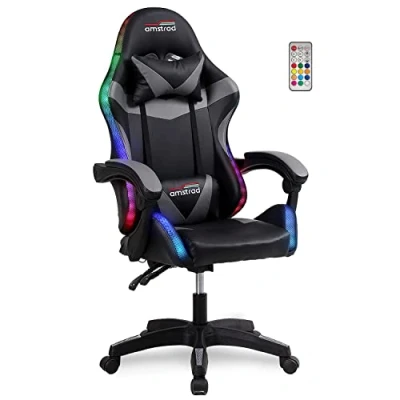 Image de Amstrad AMS 900 LED BK Fauteuil / Chaise de bureau Gamer noir gris Eclairage 366 effets Télécommande Neuf