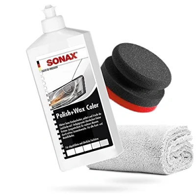 Image de detailmate SONAX Set de polissage à la main Polish+Wax Color blanc 500ml + éponge Puck en composite dur Ø90/50mm Chiffon microfibre 550 g/m²
