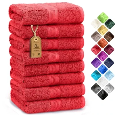 Image de NatureMark Lot de 8 Serviettes Toilette en Tissu éponge, 100% Coton, Rouge, 50 x 100 cm