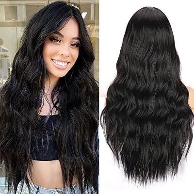 Image de Colorful panda femmes perruque noir longue ondulée bouclée centre séparation cheveux naturels, perruques synthétiques résistantes à la chaleur pour cosplay Halloween fête usage quotidien