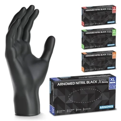 Image de ARNOMED gants jetables noir extra fort, nitrile taille XL, 50% plus épais, 1000 pièces, non poudrés, en mecanique sans latex, gant jetable tailles S, M, L &amp; XL