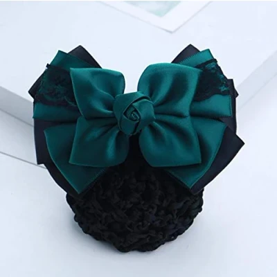 Image de Cache chignon pour femme Filet à cheveux Nœud décoratif en satin Barrette française ruban Accessoires banques, hôtels, restaurants Vert