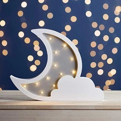 Image de Lights4fun Lampe Veilleuse Lune et Nuage pour Enfant avec 12 Micro LED Blanc Chaud à Piles