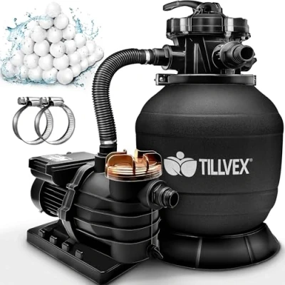 Image de tillvex® Système de Filtre à Sable 13 200L/h jusqu&#039;à 40 000L + 1200g Boules 7 Fonctions Filtration &amp; Adaptateur 2en1 Ø32 38mm piscine avec indicateur pression (Noir)