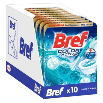 Image de Bref WC Color Activ+ Lagon Lot de 10 Blocs (10x50g) Produit Nettoyant Eau Bleue + Stop Odeurs