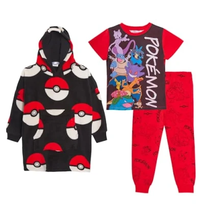 Image de Ensemble pyjama 3 pièces Pokémon pour enfants + sweat à capuche surdimensionné en polaire avec assorti, multicolore, 5 6 ans