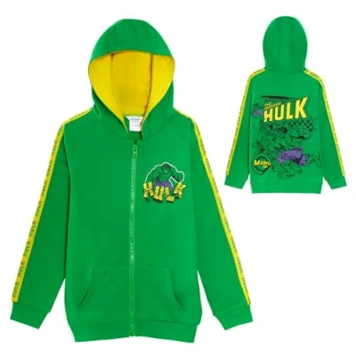 Image de Marvel The Incredible Hulk Veste à capuche pour garçon Avengers, fermeture éclair, manteau léger, vert/noir, 7 8 ans