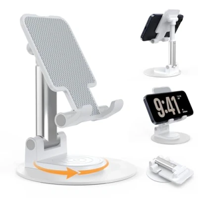 Image de BHHB Support Téléphone, Telephone Bureau Porte Pliable, iPhone avec Rotatif à 360 Compatible Samsung Huawei iPad Mini Tous Les Smartphones Blanc