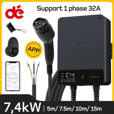 Image de dé Borne de Recharge Véhicules Électrique 7kW APP [5m, 6 32A, Monophasé] Wallbox avec Câble Type 2 5m, RFID, RCD B et IP55 pour E 208 Autres BEV/PHEV
