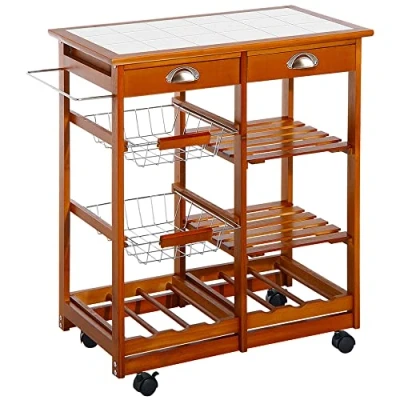 Image de HOMCOM Chariot de service desserte à roulettes multi rangements tiroirs paniers étagères range bouteilles bois pin