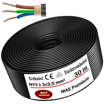 Image de Câble d&#039;alimentation De terre NYY J 5 à 100 m, 3 x 2,5 mm² électrique Avec anneau pour pose en extérieur, sous sol (30 m)