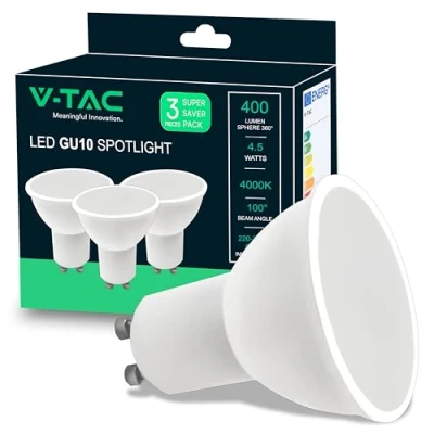 Image de V TAC 3x Ampoules LED GU10 4,5W (Équivalent 35W) 400 Lumen Spot pour une Efficacité Maximale et économie d&#039;énergie Blanc Neutre 4000K