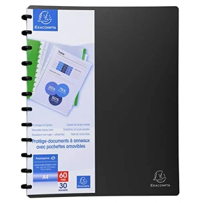 Image de Exacompta Réf. 86351E 1 Protège documents amovible à anneaux avec 30 pochettes grainées détachables 60 vues pour A4 dim 24,5 x 31 cm couverture rigide opaque couleur noir
