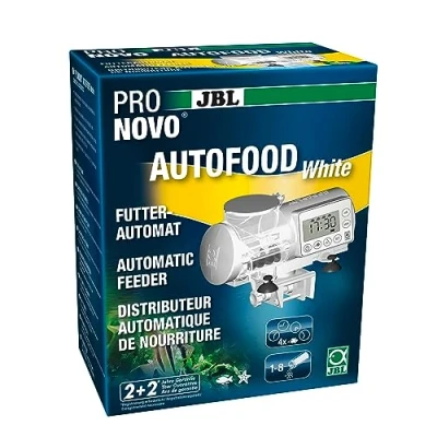 Image de JBL PRONOVO AUTOFOOD, Distributeur automatique d&#039;Aliment pour Aquarium, Aliment en Granulés Poissons jusqu&#039;à 4x par jour, Avec Support et Anneau adaptateur augmenter le Volume à 375 ml,Blanc