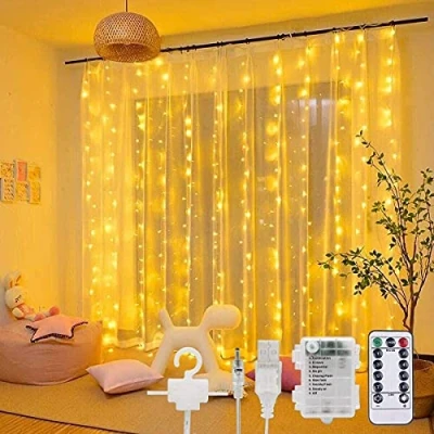 Image de SUNACE Rideau Lumineux 300 LED 3M*3M Guirlande Lumineuse Pile Rideaux avec USB Télécommande 8 Modes Etanche Noel pour Interieur Exterieur Fenêtre Fête Mariage