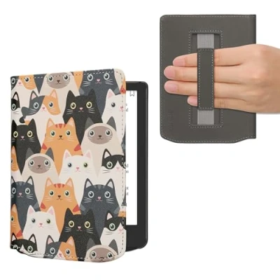 Image de kwmobile Étui Compatible avec Pocketbook Verse/Verse Pro/Verse Color/Vivlio Light/Light HD Coque à Rabat magnétique Tablette eReader Similicuir Sangle Orange Noir Blanc