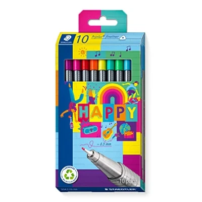 Image de Staedtler Triplus Fineliner 334 Etui Carton 10 Feutres Pointe Superfine 0,3 mm Assortis Edition Happy C10 Ha
