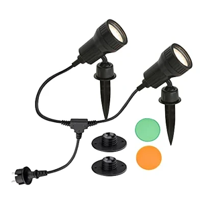 Image de Lot de 2 luminaires d&#039;extérieur LED GU10 3 W 250 lm Avec filtre coloré orange, vert, piquet et support mural Tête pivotante rotative câble d&#039;alimentation m IP44 Noir