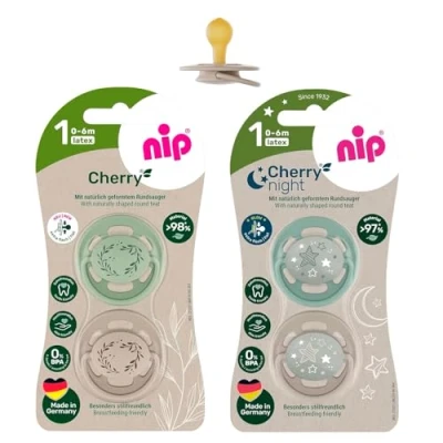 Image de Nip Day &amp; NIGHT LATEX Cherry rond Tétine Sucette 4 pièces Boy, Taille 1, 0 6 mois (2 x + 2 Night), made in Germany