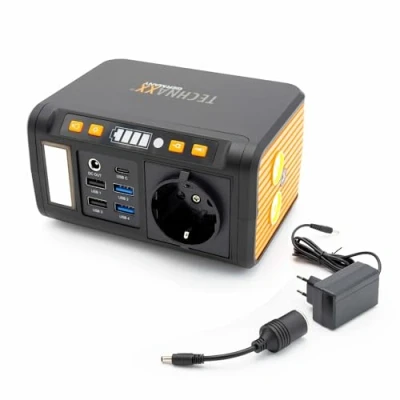 Image de Technaxx Mini Station Electrique TX 205 avec Panneau LED, Lampe, 5X USB Powerbank 74Wh 230V Prise intégrée Batterie Externe pour Portable, téléphone etc., Compatible chargeurs solaires