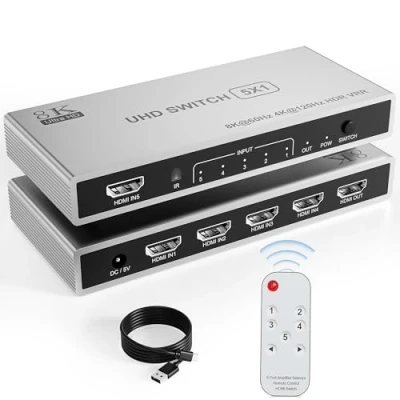 Image de Switch HDMI 8K 60Hz/4K 120Hz, Aluminum Multiprise 5 Entrées 1 Sortie, Commutateur avec IR Télécommande Supporte 3D HDR10 HDCP2.3 VRR, Splitter pour PS5/4/3, DVD, Xbox, PC, TV