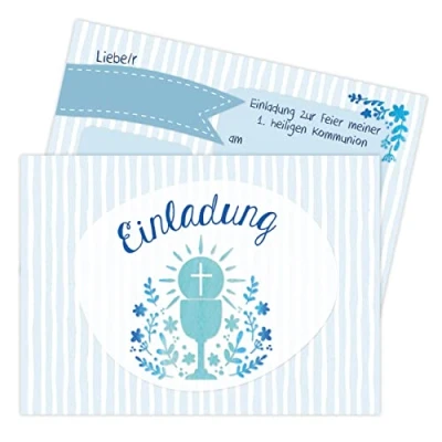 Image de Papierdrachen Lot de 12 cartes d&#039;invitation à la communion Motif calice bleu Invitation pour filles et garçons DIN A6 Set 1