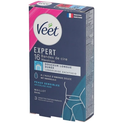 Image de Veet EXPERT 16 Bandes de Cire Froide Maillot Peaux Sensibles Finition Parfaite Epilation Longue Durée