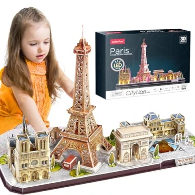Image de CubicFun Puzzle 3D de France Paris LED CityLine Tour Eiffel, Notre Dame Paris, Le Louvre, Arc Triomphe Kits Décoration et Cadeau Souvenir, 115 Pièces