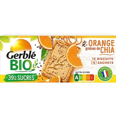 Image de Gerblé Bio, Sablés bio à l&#039;orange et aux graines de chia, Allégés en sucres, Sans huile palme, 216078, 1 Paquet 12 Biscuits, 132 g