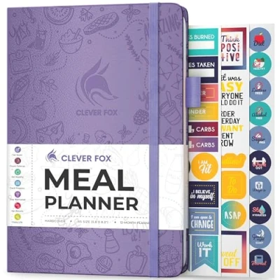 Image de Clever Fox Planificateur de repas hebdomadaire et quotidien avec listes courses d&#039;épicerie pour planifier les menus, alimentation saine suivi la perte poids, dure 1 an, non daté, A5