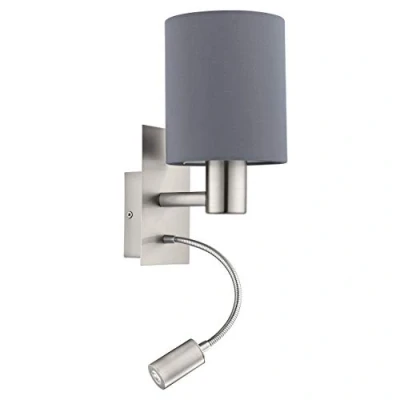 Image de Eglo lampe murale LED PASTERI, applique en textile à 2 flammes, matériau : acier, tissu, couleur nickel mat, gris, douille E27, avec interrupteur et de lecture flexible