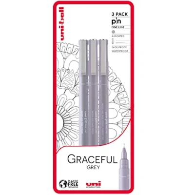 Image de uni ball PIN Lot de 3 stylos à pointe fine gris résistant l&#039;eau et la décoloration, idéal pour les architectes, croquis, le scrapbooking, dessin, l&#039;art, dessin technique, qualité