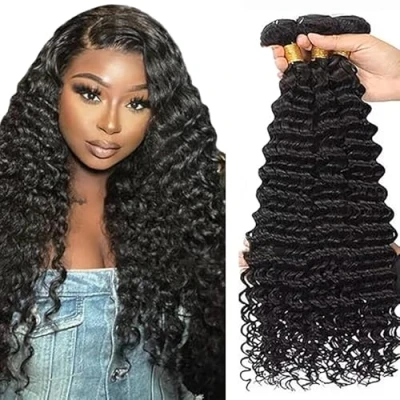 Image de Tuheerst Deep Wave Human Hair Bundles Tissage Bresilien en lot Cheveux Humain Natural Black Extensions 3 Naturels Double Weft Remy 22 Pouce