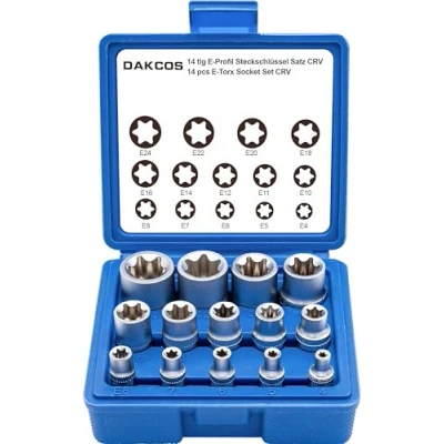 Image de DAKCOS 14 pièces Coffret Douilles Torx Femelle Profilés E 1/4&quot; 3/8&quot; 1/2&quot; E4, E5, E6, E7, E8, E10, E11, E12, E14, E16, E18, E20, E22, E24 en CR V avec finition chromée mate