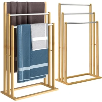 Image de 2x Porte serviettes en bambou sur pied avec 3 barres Support pour Étagère de salle bain