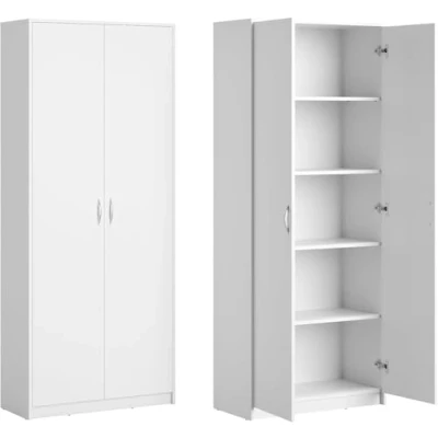 Image de Classeur à 5 compartiments Armoire polyvalente de ménage en finition mate avec 4 étagères et 2 portes, 74 cm large panneau stratifié poignées polymère blanc haute qualité