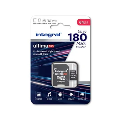 Image de Carte Mémoire 64 Go microSDxC UltimaPro Très Haute Vitesse jusqu&#039;à 180 Mo/s en Lecture, 80 Ecriture, Classe 10, V30, UHS1, U3, Homologuée A2, Adaptateur SD, by Integral Memory