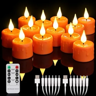 Image de yunsheng Lot de 12 bougies chauffe plat rechargeables orange avec télécommande et minuterie 4/6 h, LED vacillantes sans flamme 2 câbles USB, mèche en silicone 3D, blanc chaud pour la