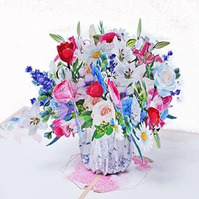 Image de Favour Pop Up® Bouquet 3D multicolore dans un vase élégant Une carte de vœux joyeuse pour nombreuses occasions TL089