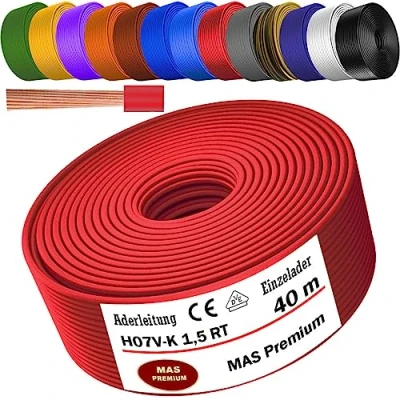 Image de Câble conducteur H07 V K de 5 à 100 m 1 x 1,5 mm² Noir bleu clair vert/jaune vert rouge foncé marron orange gris blanc violet outremer ou jaune Fil simple flexible (rouge, 40 m)