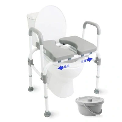 Image de KMINA Chaise Rehausseur WC Adulte (Jusqu&#039;à 180 kg), Percée Toilette avec Siège Réglable, Cadre Sécurité WC, Accoudoir Personne Âgée Blanc Made in Europe
