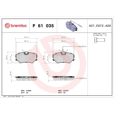 Image de BREMBO P 61 035 Jeu de plaquettes frein contact signal d&#039;usure inclus avec vis d&#039;étrier sans accessoires PEUGEOT: 405 I Berline