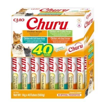 Image de INABA Churu Friandises pour Chats en Purée aux 4 Saveurs de Poulet Délicieux Snacks Félins Texture Lisse et Onctueuse Nourriture 40 Tubes x 14g