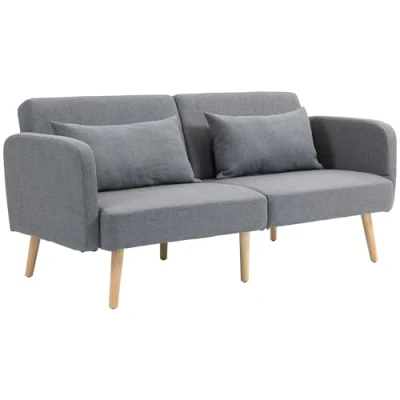 Image de HOMCOM canapé Convertible 3 Places, lit 2 Dossier inclinable et accoudoirs réglables, clic clac en Tissu Effet Lin, Pieds Bois Massif, Coussins lavables, Gris
